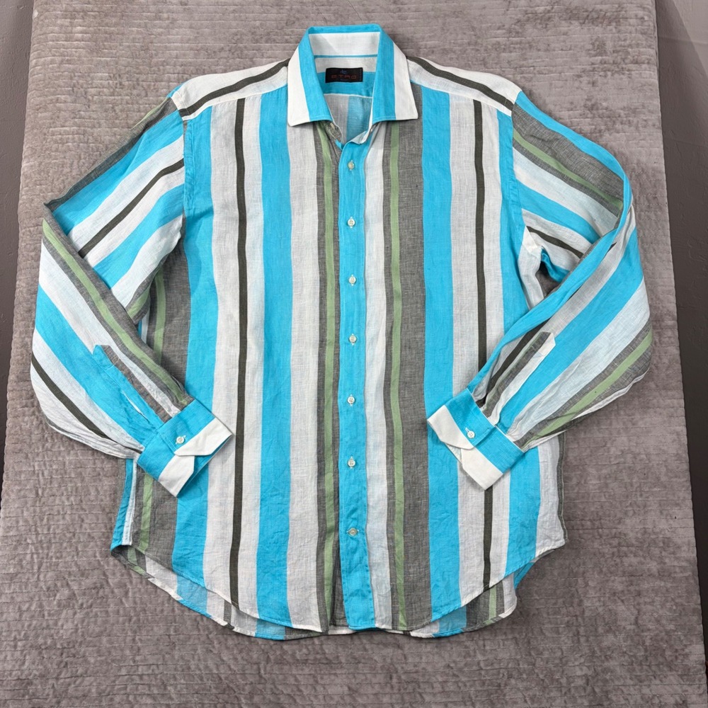 Etro Milano Mens 100% Linen Striped Button‎ Down Shirt Blue White Grey Size 44